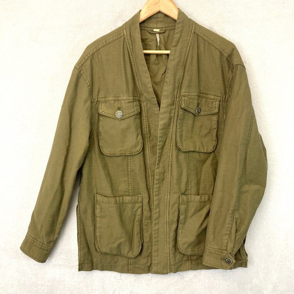 Free People Womens Small Olive Green Open Front Military Cargo Utility Jacket